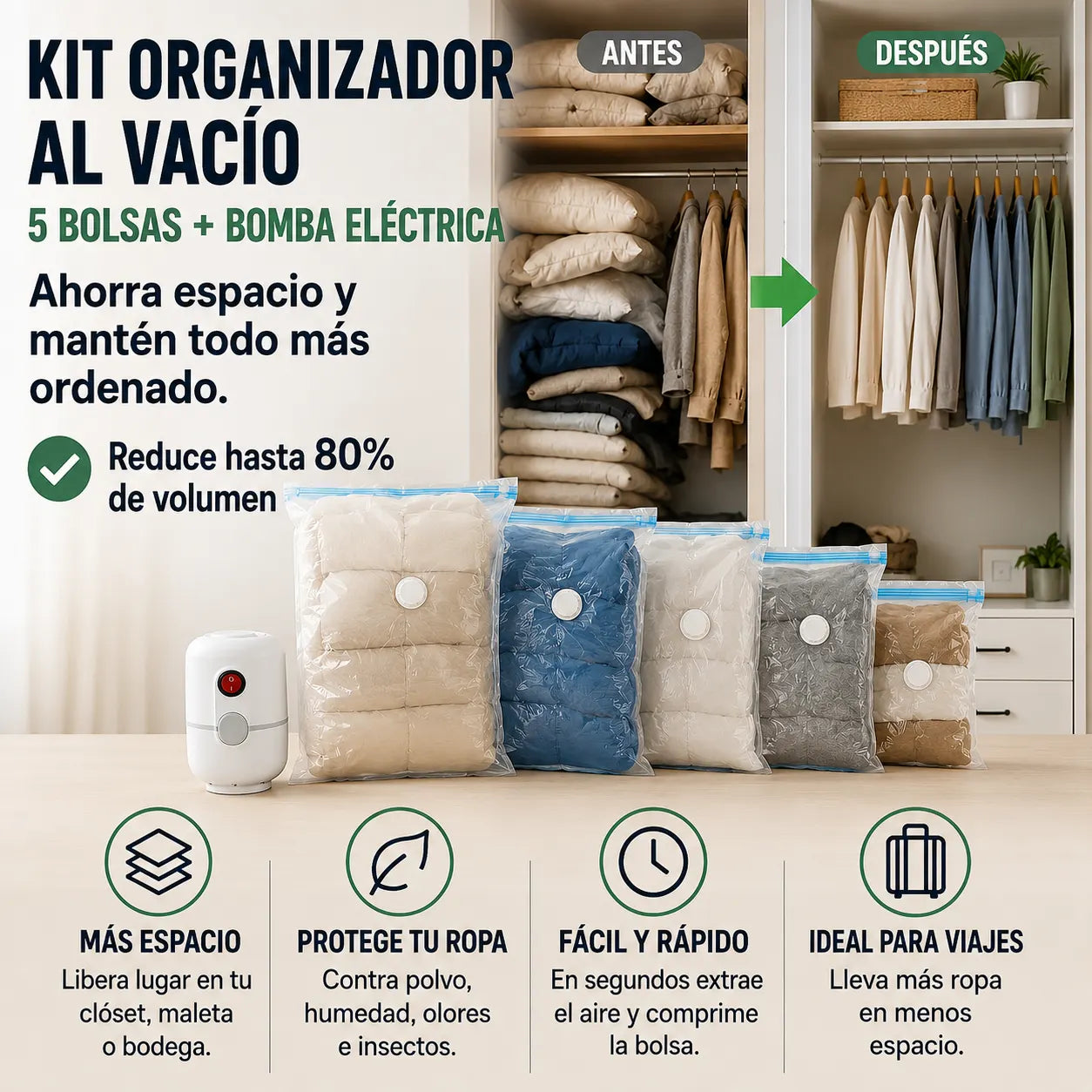Kit Organizador al Vacío Ahorra espacio y mantén todo más ordenado. Incluye 5 bolsas.