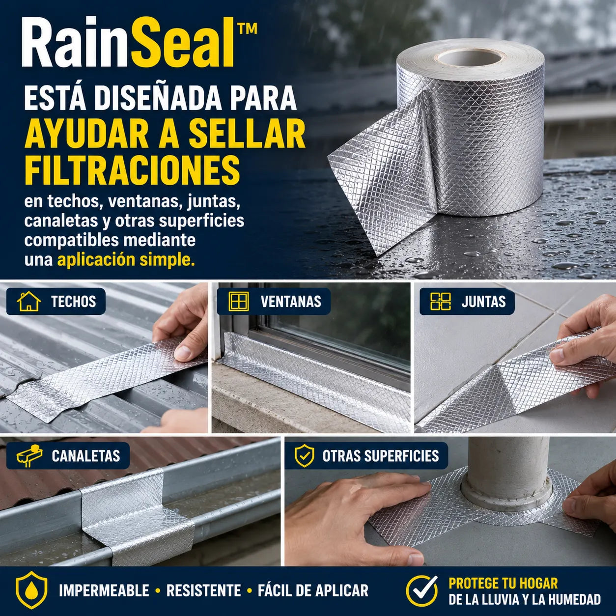 RainSeal™ - Sella filtraciones antes de que las lluvias empeoren el problema.
