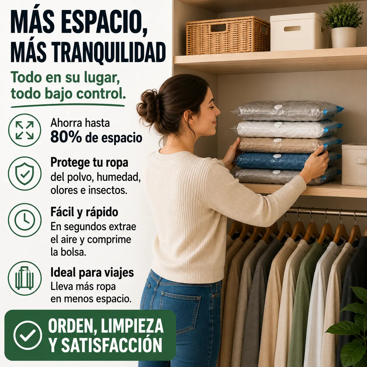 Kit Organizador al Vacío Ahorra espacio y mantén todo más ordenado. Incluye 5 bolsas.