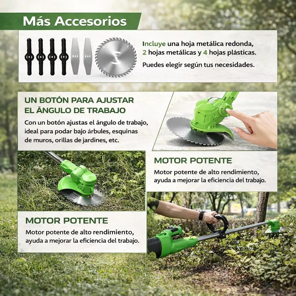GardenSwift 48V™ - 2 baterías y 8 cuchillas para cortar rápido y sin cables