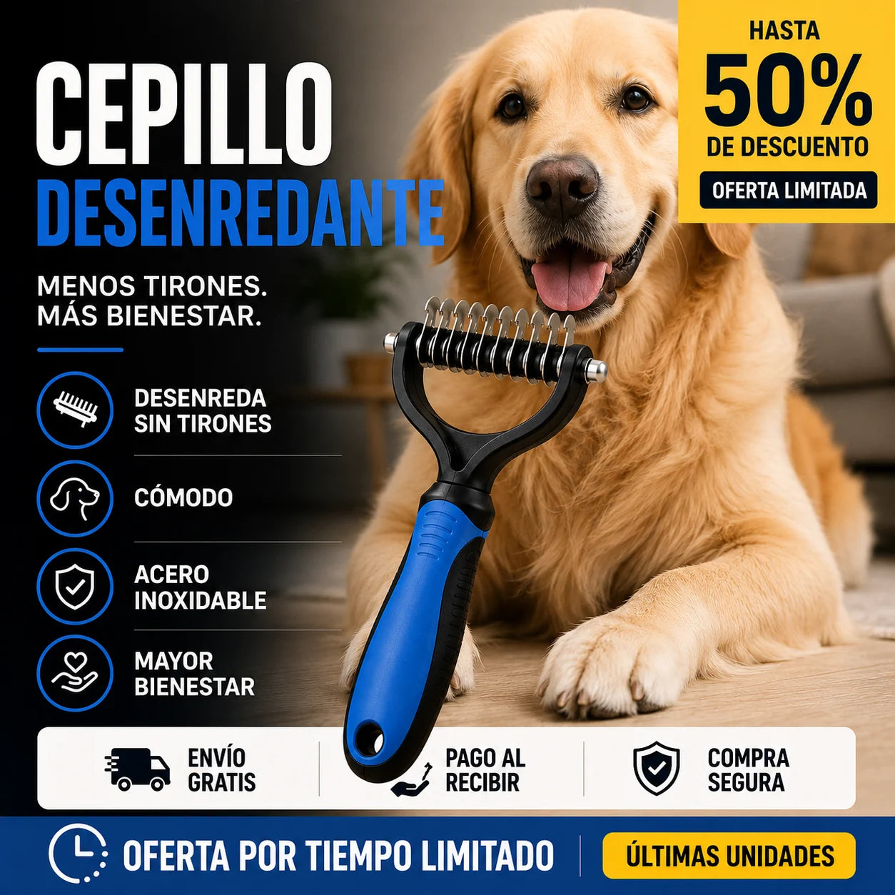 Cepillo Desenredante para Mascotas - Elimina nudos y pelo muerto con suavidad