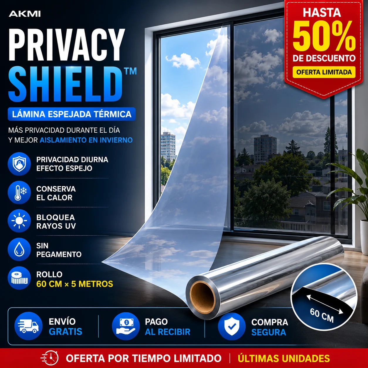 Lámina Espejada Térmica PrivacyShield™ - Ayuda a conservar mejor el calor dentro del hogar mientras entrega mayor privacidad durante el día.