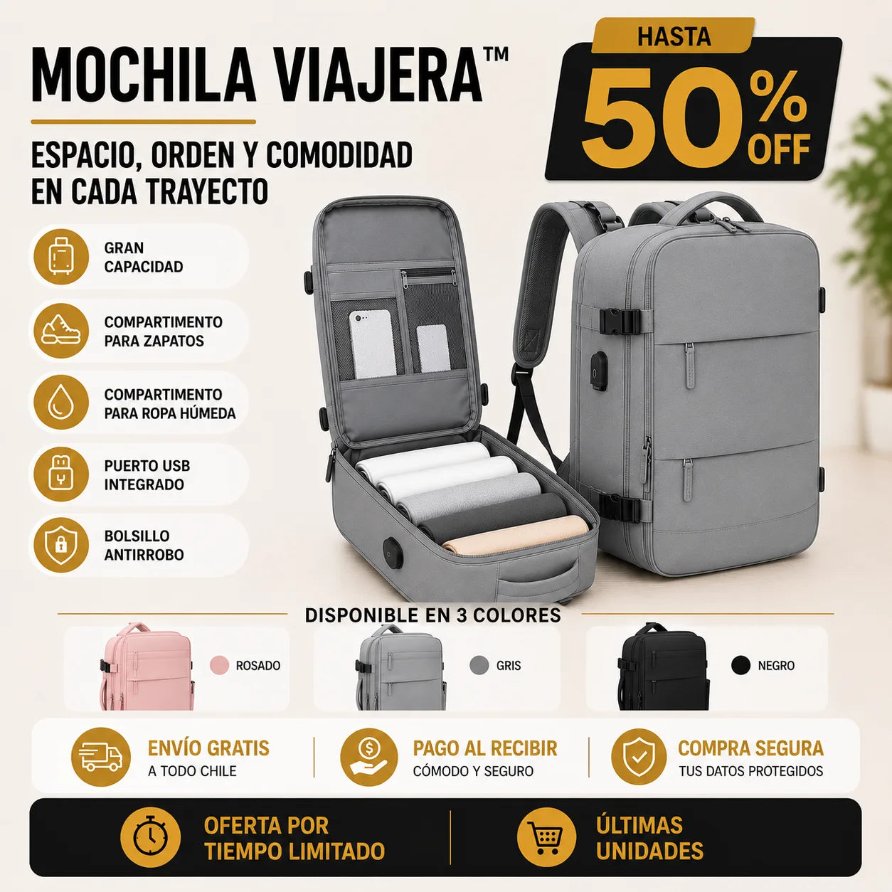 Mochila Viajera™ - Espacio, orden y comodidad en cada trayecto
