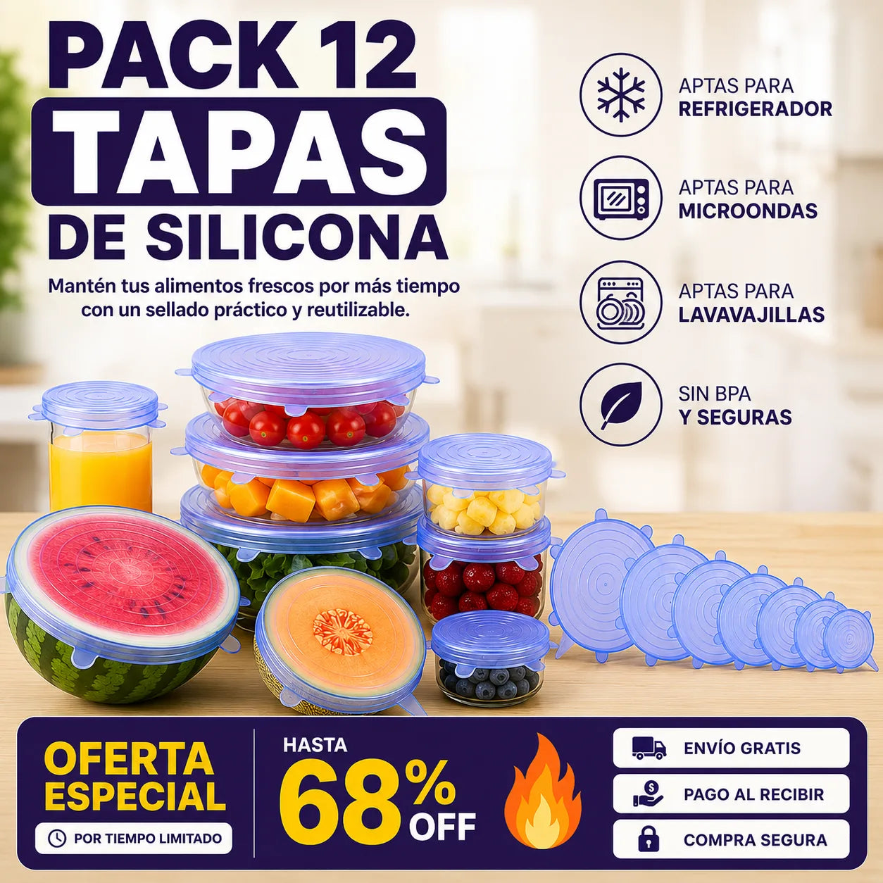 Pack Tapas de Silicona - Mantén tus alimentos frescos por más tiempo con un sellado práctico y reutilizable."