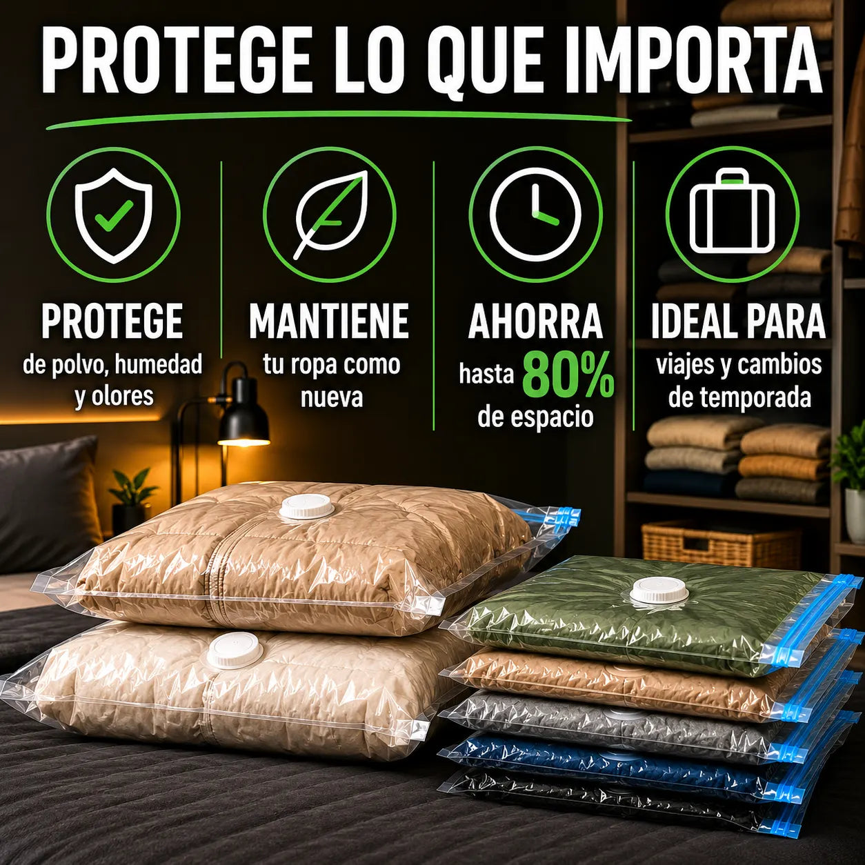 Kit Organizador al Vacío Ahorra espacio y mantén todo más ordenado. Incluye 5 bolsas.