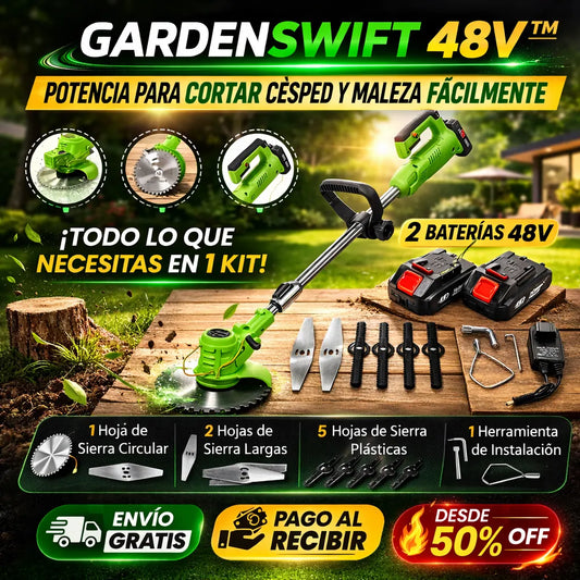 GardenSwift 48V™ - 2 baterías y 8 cuchillas para cortar rápido y sin cables
