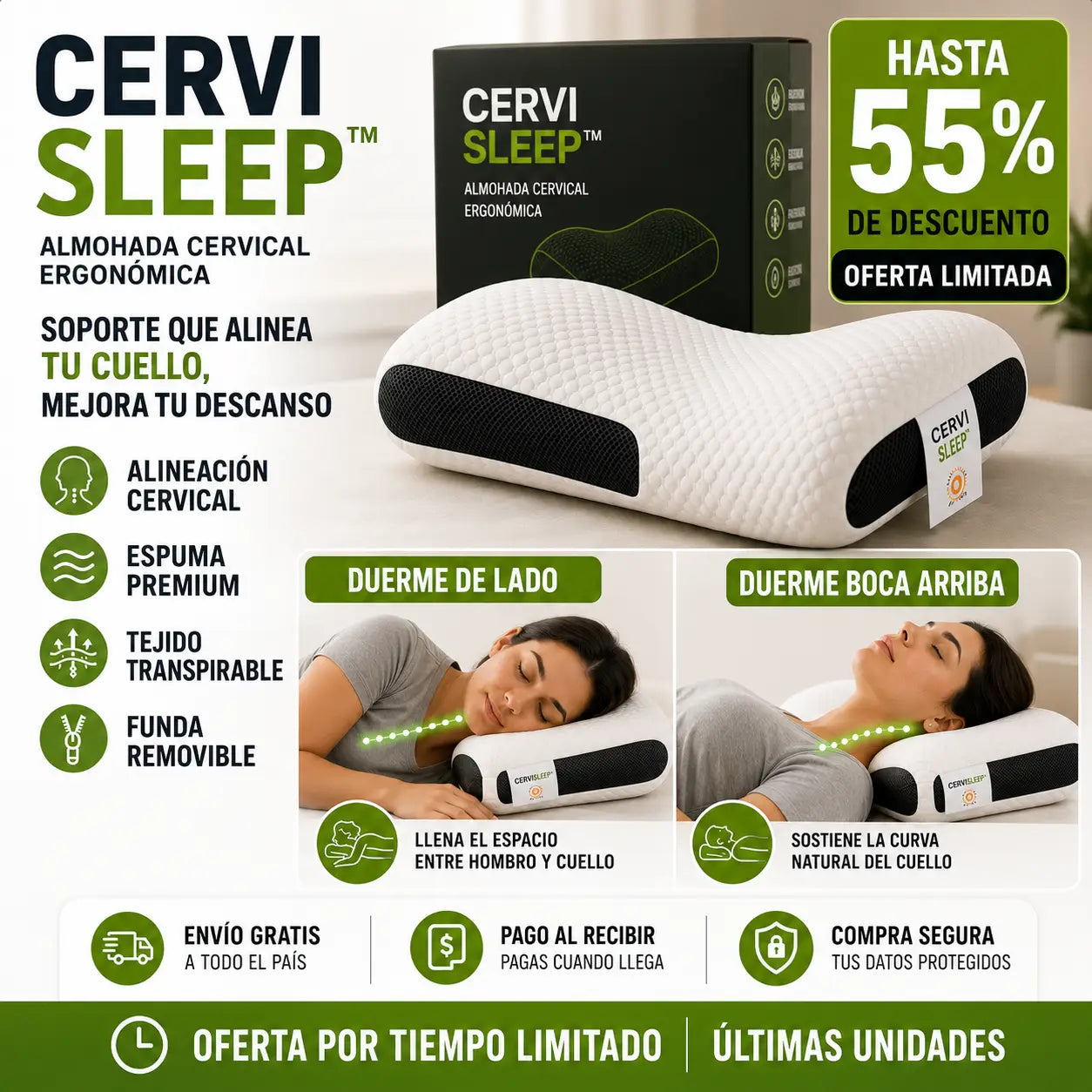 CerviSleep™ - Diseñada para brindar soporte al cuello y ayudarte a descansar con mayor comodidad.