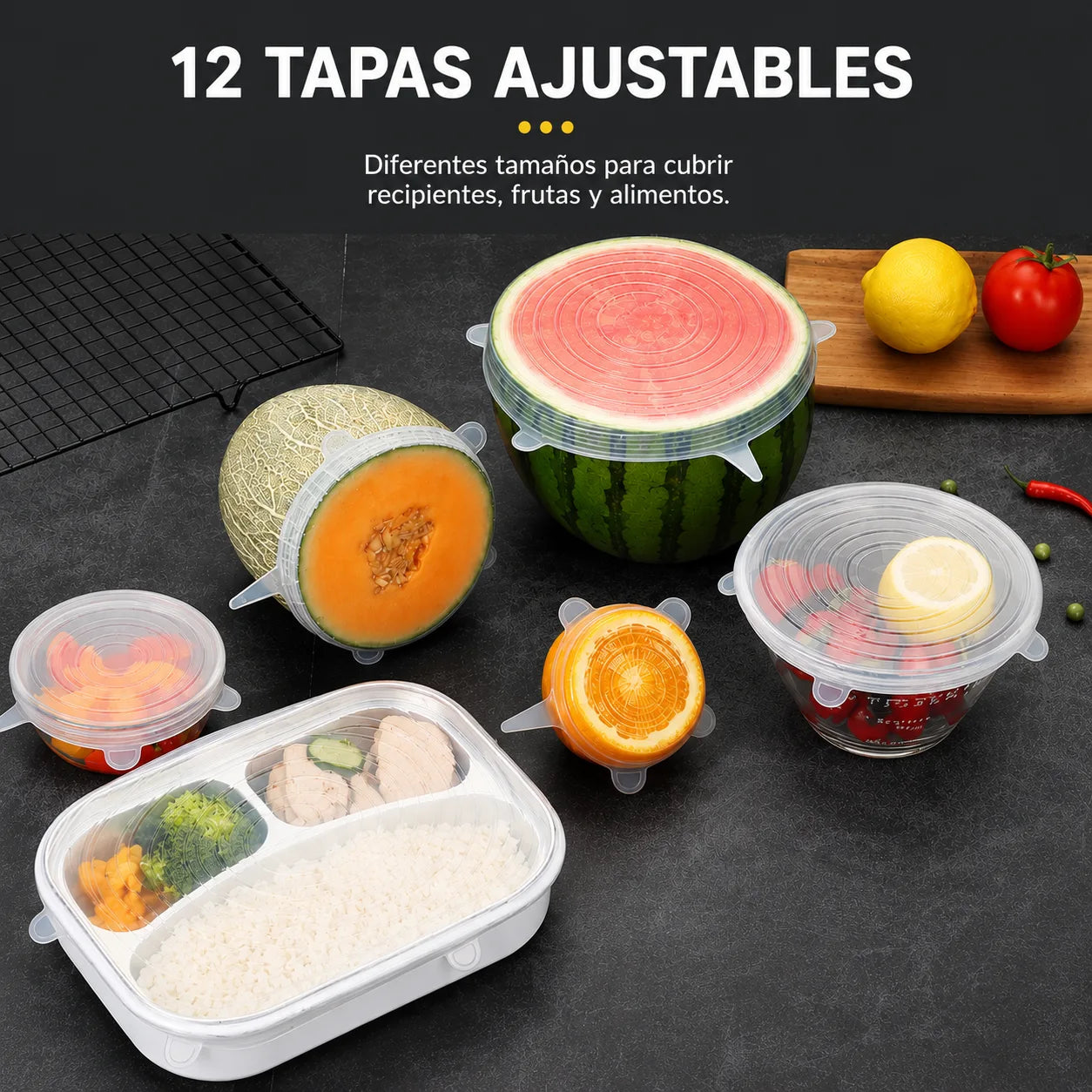 Pack Tapas de Silicona - Mantén tus alimentos frescos por más tiempo con un sellado práctico y reutilizable."