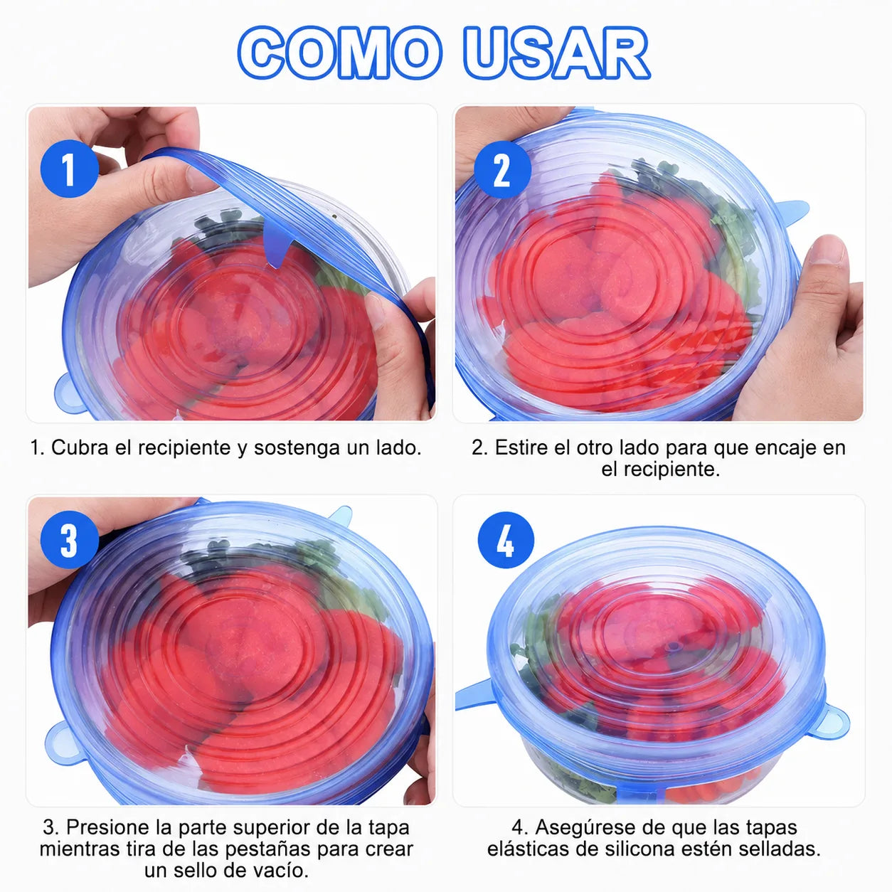Pack Tapas de Silicona - Mantén tus alimentos frescos por más tiempo con un sellado práctico y reutilizable."