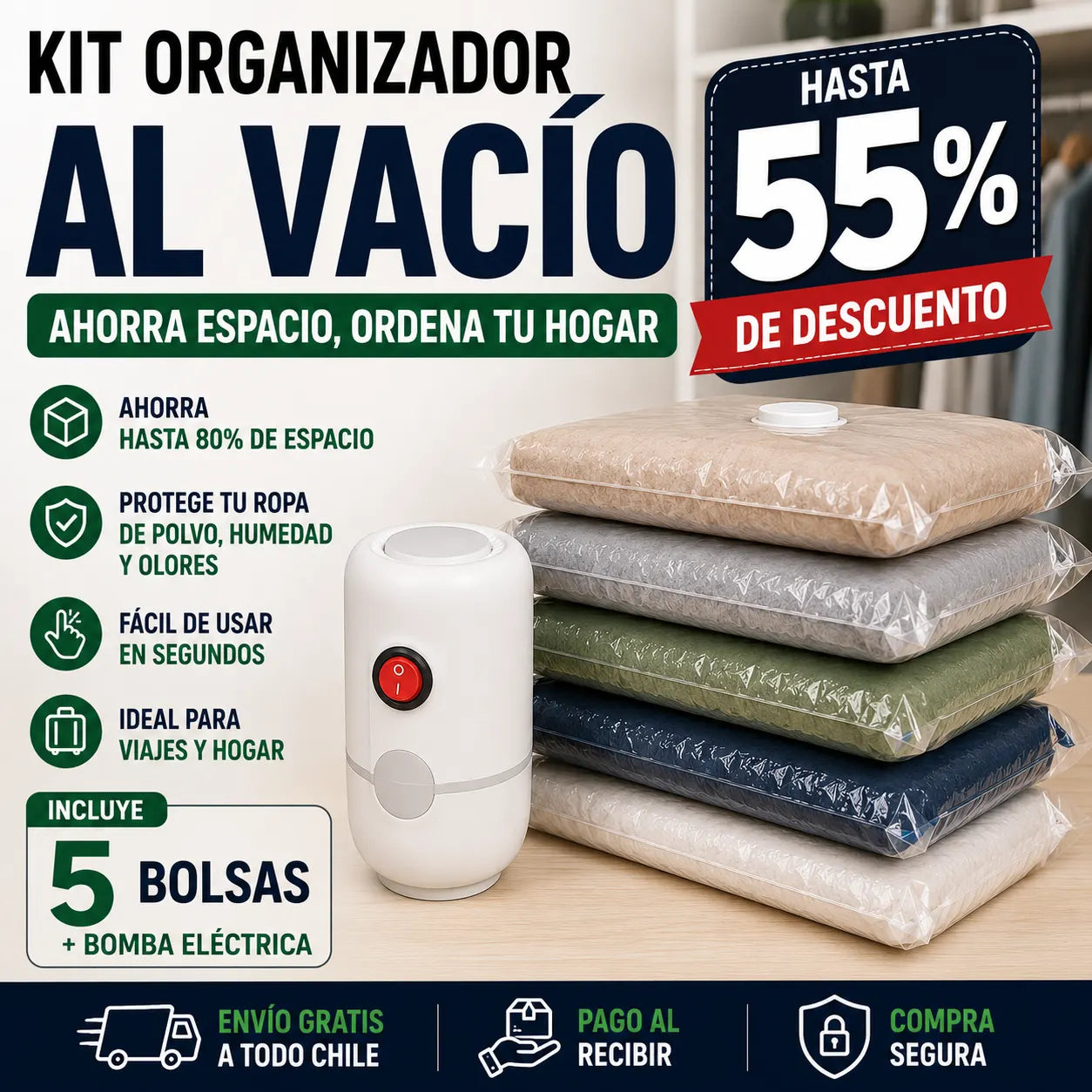 Kit Organizador al Vacío Ahorra espacio y mantén todo más ordenado. Incluye 5 bolsas.